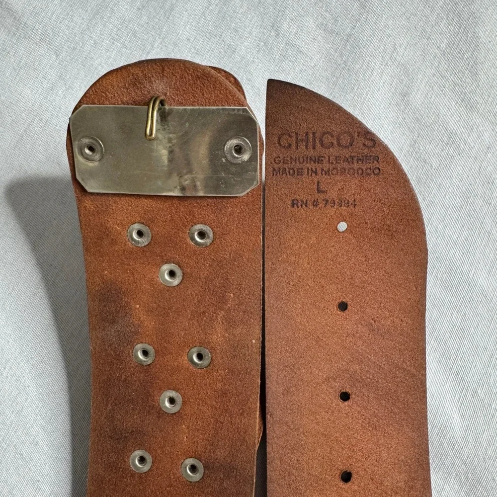 Chicos Brown Leather Boho Leaf Layered Wide Waist Belt Womens Large